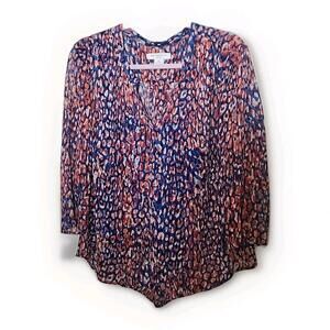 Liz Claiborne Petite Women's Blue Orange & Red Print Sheer Lined Top